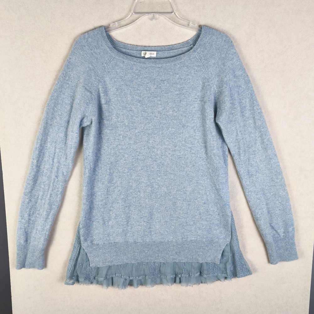 Garnet Hill Sweater Womens Medium Dusty Blue Lace Hem Romantic Cottagecore‎